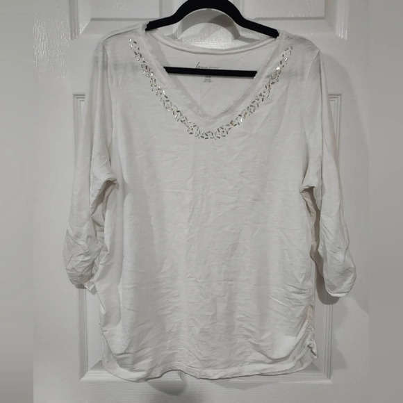 Lane Bryant Cotton Slub White Beaded Neckline 3/4 Sleeve Shirt in Size 18/20 2X - Picture 1 of 11